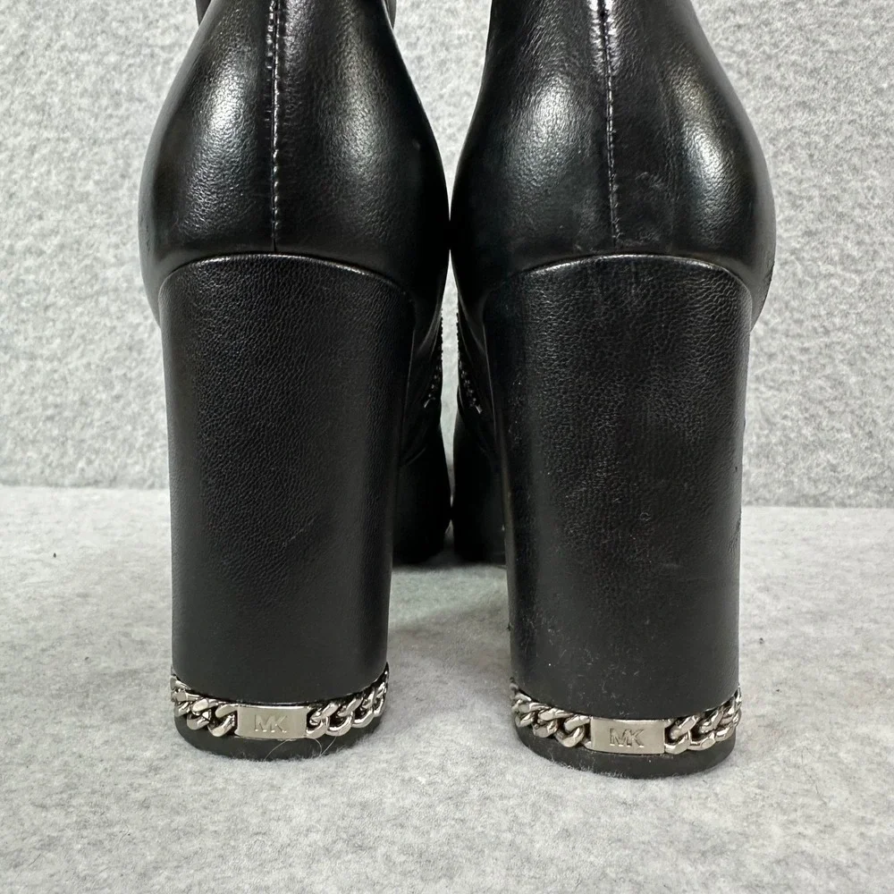 Michael Kors Black Leather Ruched Ankle Boots Chain Block Heel Womens 8.5M